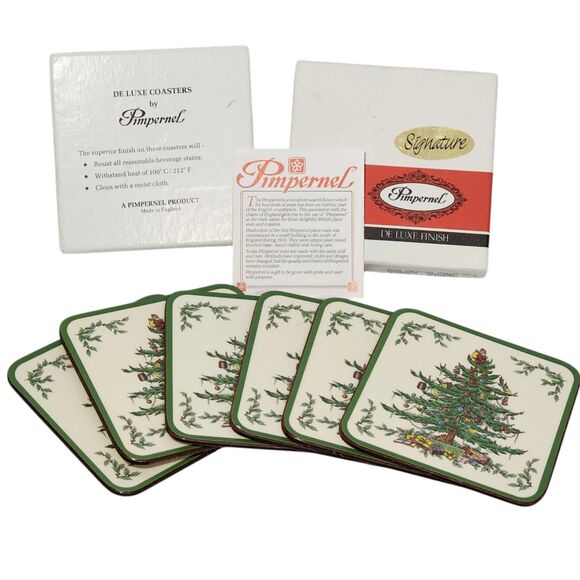 6 Pimpernel Spode Christmas Tree Coasters Cork Back Square w/Box De Luxe Finish - Picture 1 of 7